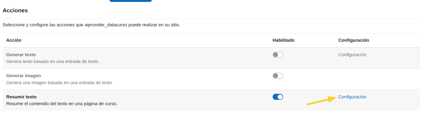 Configuración Resumir texto