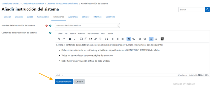 Formulario de instrucción del sistema