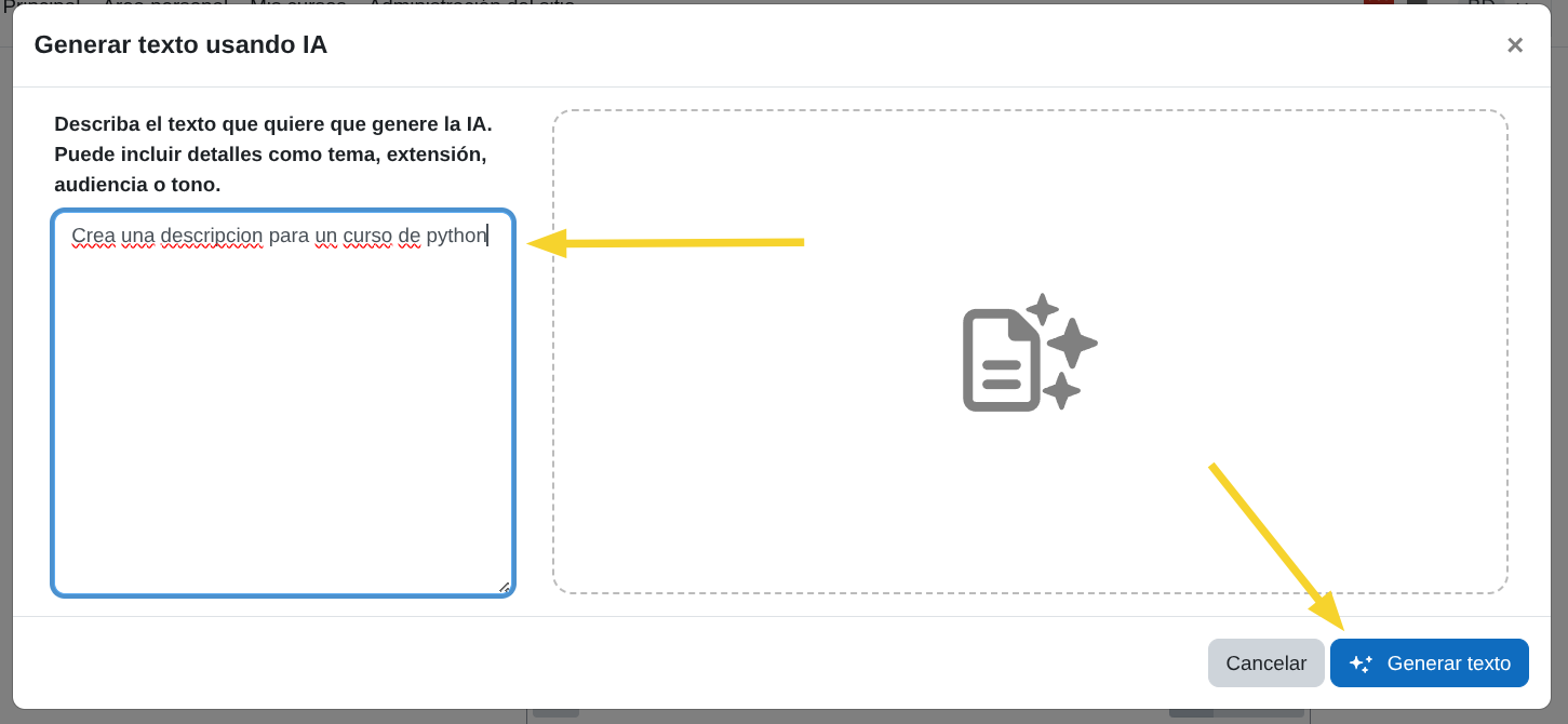 Modal Generar texto con
IA