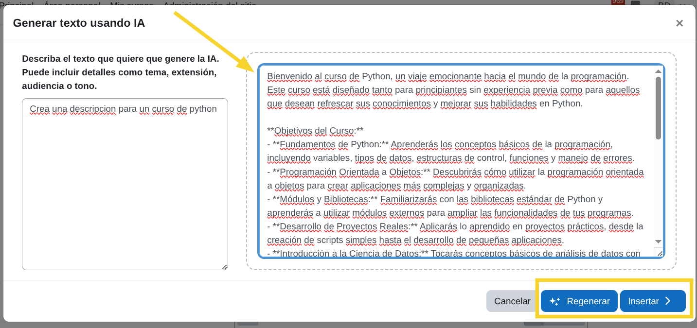 Resultado generado en el
modal