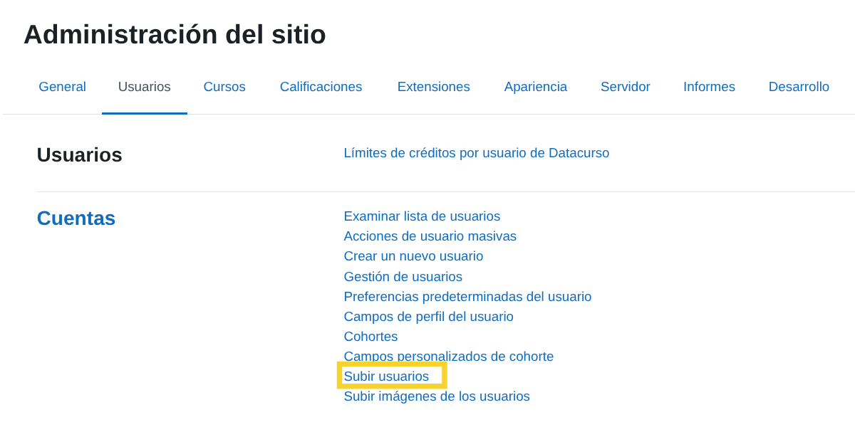 Menú Subir usuarios